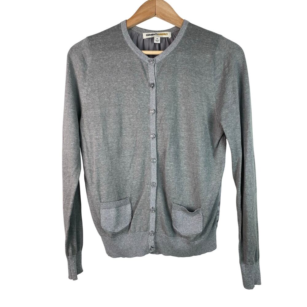 Clements Ribeiro Women's Size M Silver Gray Sparkly Button Up Cardigan Sweater *
